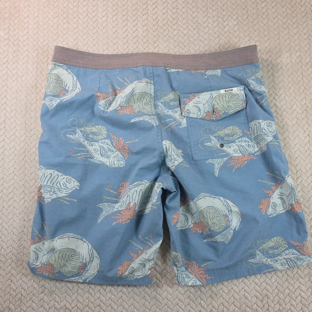 Katin Mens Blue Fish Print Board Shorts Size 38 Surf Trunks Coastal Beachwear